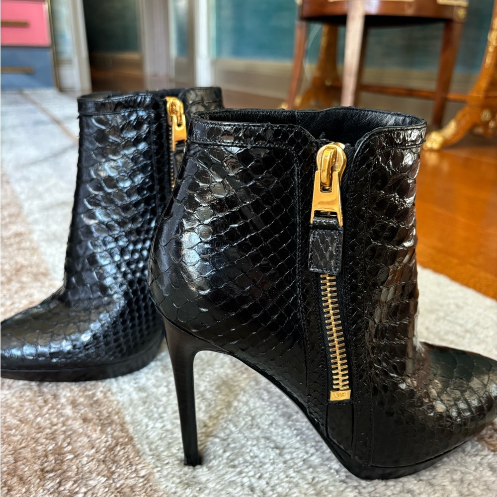 Tom Ford Black Python Ankle Boots with Gold Zipper